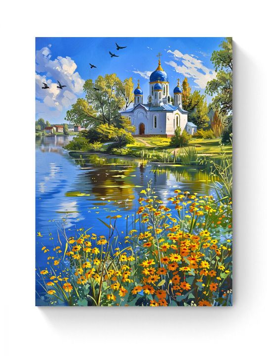 Алмазная мозаика на подрамнике «Церковь у реки» 40x30 см, 50 цветов