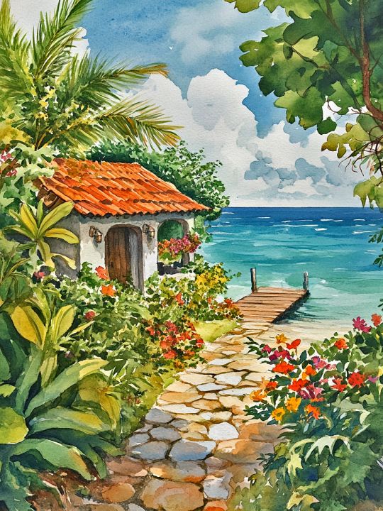 Алмазная мозаика без подрамника «Домик у моря» 50x40 см