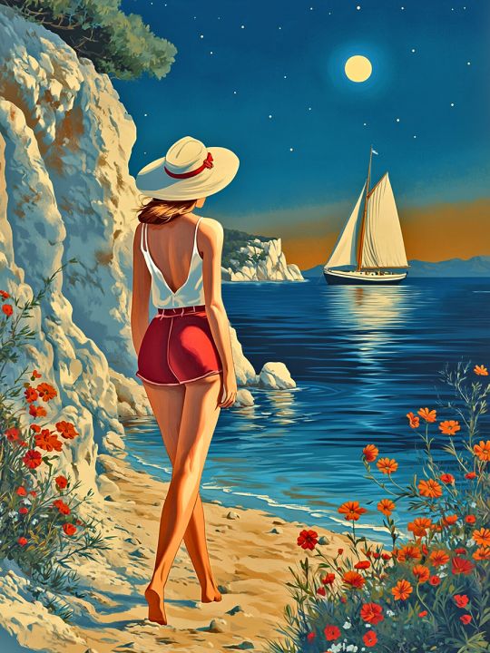 Алмазная мозаика без подрамника «Девушка у моря» 50x40 см