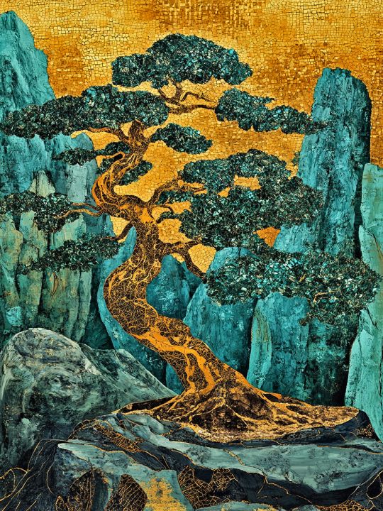 Алмазная мозаика без подрамника «Бонсай на камне» 40x30 см