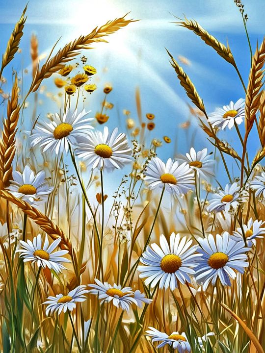 Алмазная мозаика без подрамника «Ромашки в поле» 50x40 см