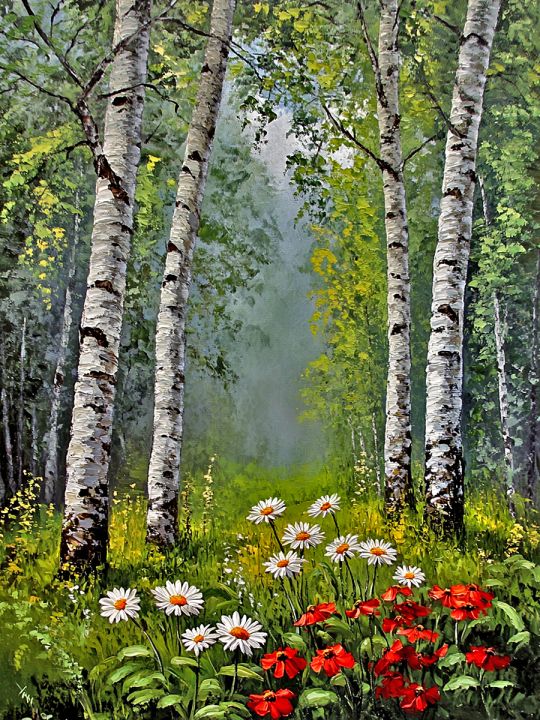Алмазная мозаика без подрамника «Березовая роща» 50x40 см