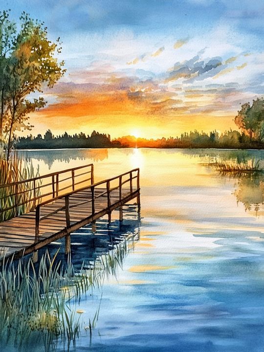 Алмазная мозаика без подрамника «Закат на озере» 25x20 см