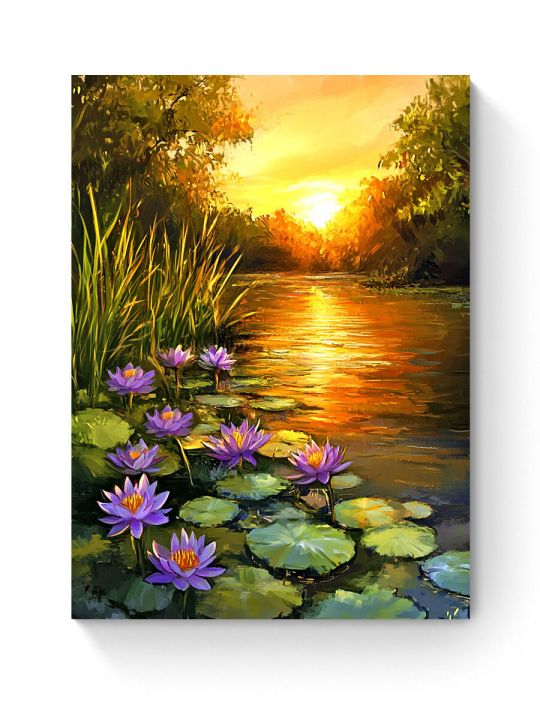 Алмазная мозаика на подрамнике «Лотосы и закат» 50x40 см