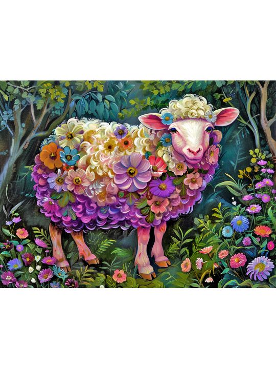 Алмазная мозаика без подрамника «Овечка в цветах» 50x40 см