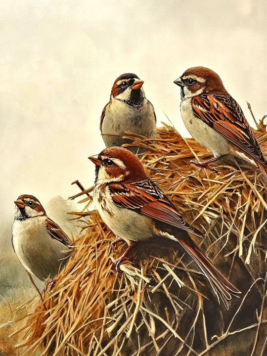 Алмазная мозаика без подрамника «Воробьи на сене» 80x60 см