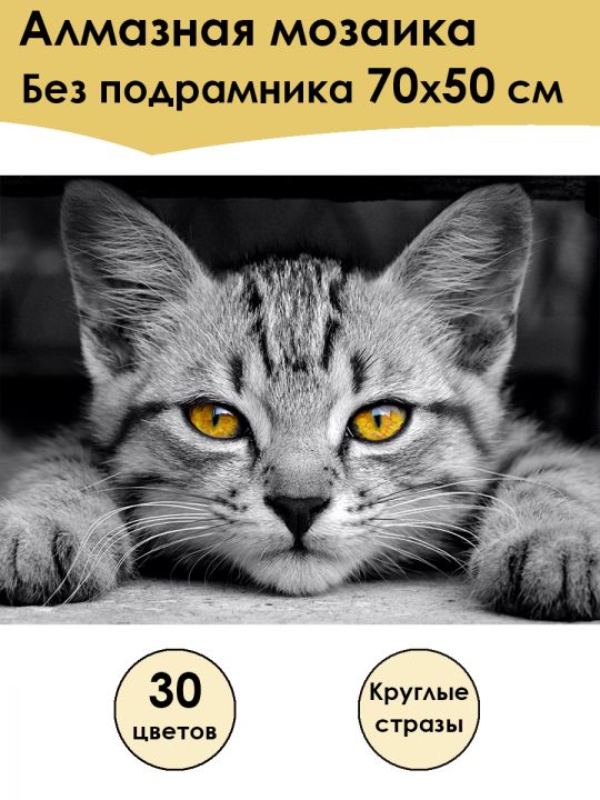 Алмазная мозаика без подрамника «Серая Кошка» 70x50 см, 30 цветов