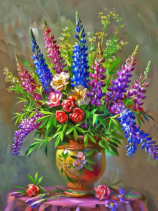 Алмазная мозаика без подрамника «Букет люпинов» 50x40 см