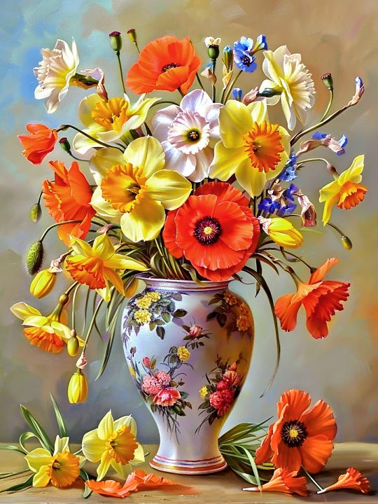 Алмазная мозаика без подрамника «Нарциссы и маки» 50x40 см