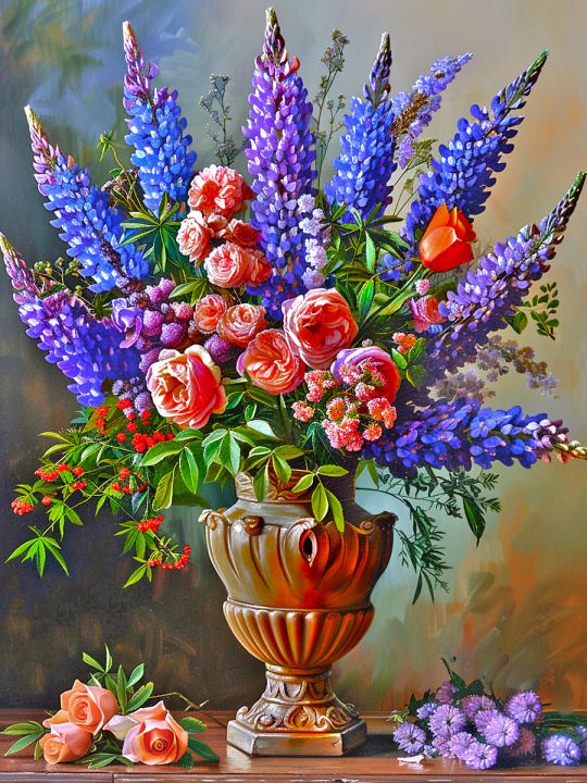 Алмазная мозаика без подрамника «Люпины и розы» 25x20 см