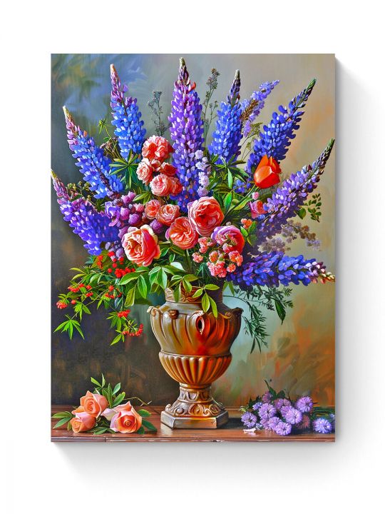 Алмазная мозаика на подрамнике «Люпины и розы» 40x30 см