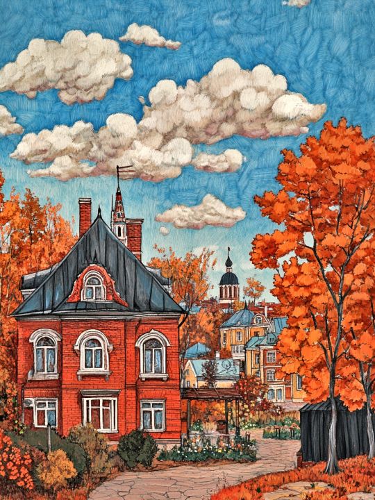 Алмазная мозаика без подрамника «Осенний городок» 130x100 см