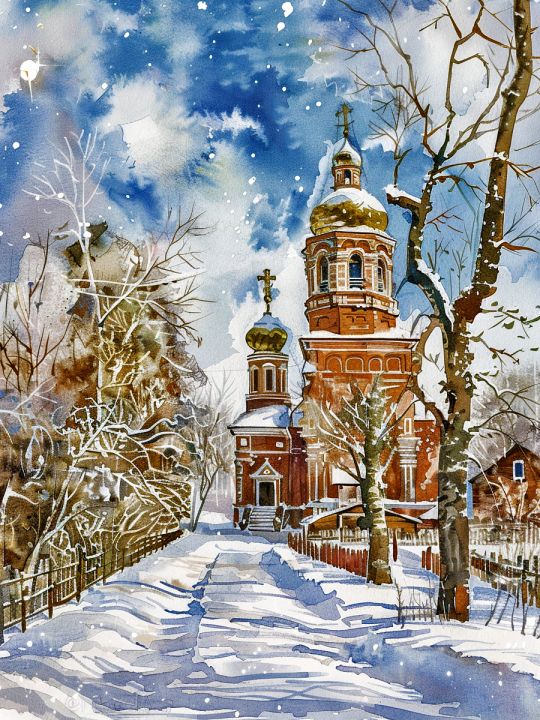 Алмазная мозаика без подрамника «Церковь зимой» 50x40 см