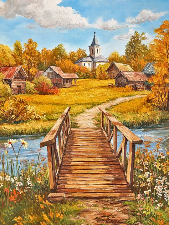 Алмазная мозаика без подрамника «Осень в деревне» 130x100 см