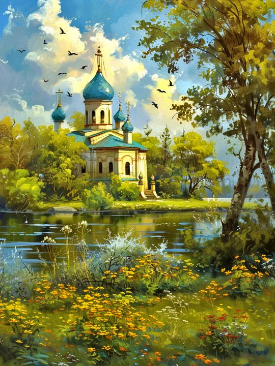 Алмазная мозаика без подрамника «Церковь у воды» 50x40 см, 50 цветов