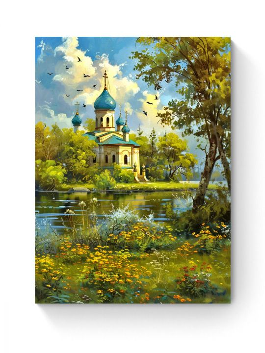 Алмазная мозаика на подрамнике «Церковь у воды» 50x40 см, 50 цветов