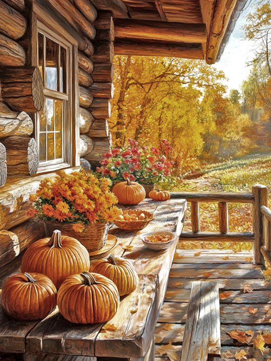 Алмазная мозаика без подрамника «Осень в деревне» 40x30 см