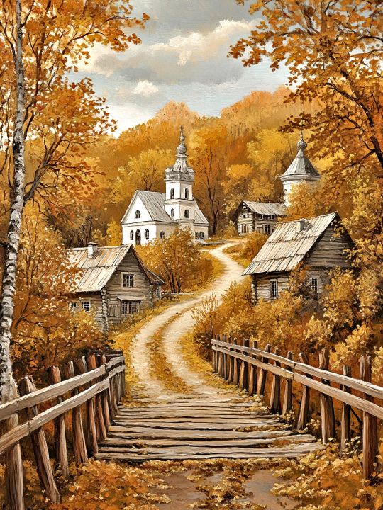 Алмазная мозаика без подрамника «Осень в деревне» 50x40 см