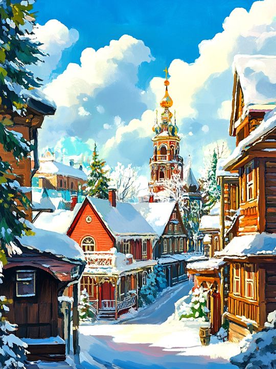 Алмазная мозаика без подрамника «Зимний городок» 50x40 см