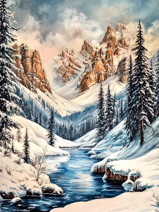 Алмазная мозаика без подрамника «Зима в горах» 130x100 см, 50 цветов