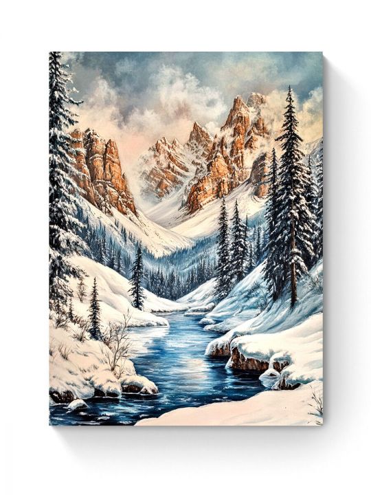 Алмазная мозаика на подрамнике «Зима в горах» 40x30 см