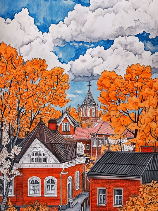 Алмазная мозаика без подрамника «Осенний городок» 50x40 см