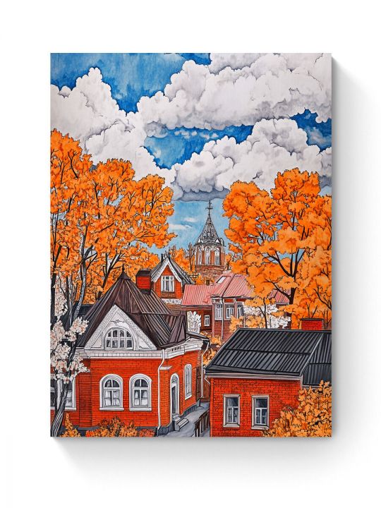 Алмазная мозаика на подрамнике «Осенний городок» 35x25 см