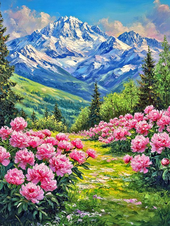 Алмазная мозаика без подрамника «Пионы в горах» 25x20 см