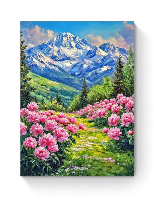 Алмазная мозаика на подрамнике «Пионы в горах» 80x60 см