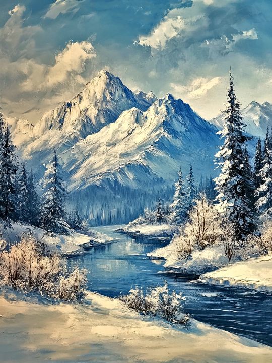 Алмазная мозаика без подрамника «Зима в горах» 130x100 см, 50 цветов
