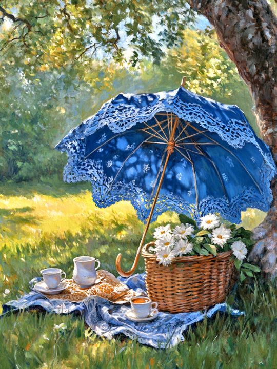 Алмазная мозаика без подрамника «Завтрак в саду» 50x40 см
