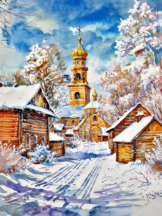 Алмазная мозаика без подрамника «Зима в деревне» 50x40 см