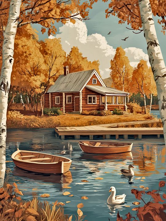 Алмазная мозаика без подрамника «Осень в деревне» 40x30 см