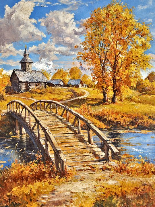 Алмазная мозаика без подрамника «Осень в деревне» 130x100 см