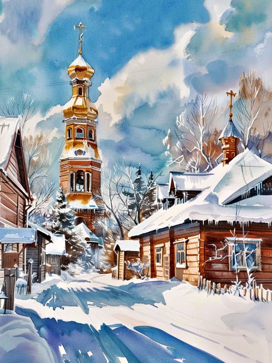 Алмазная мозаика без подрамника «Зима в деревне» 50x40 см