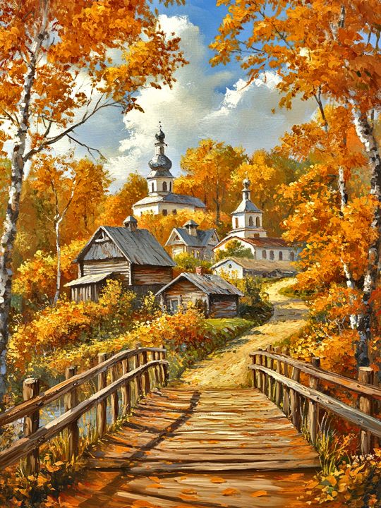 Алмазная мозаика без подрамника «Осень в деревне» 50x40 см