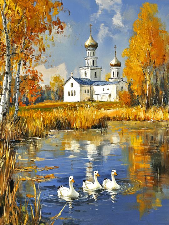 Алмазная мозаика без подрамника «Осень в деревне» 130x100 см