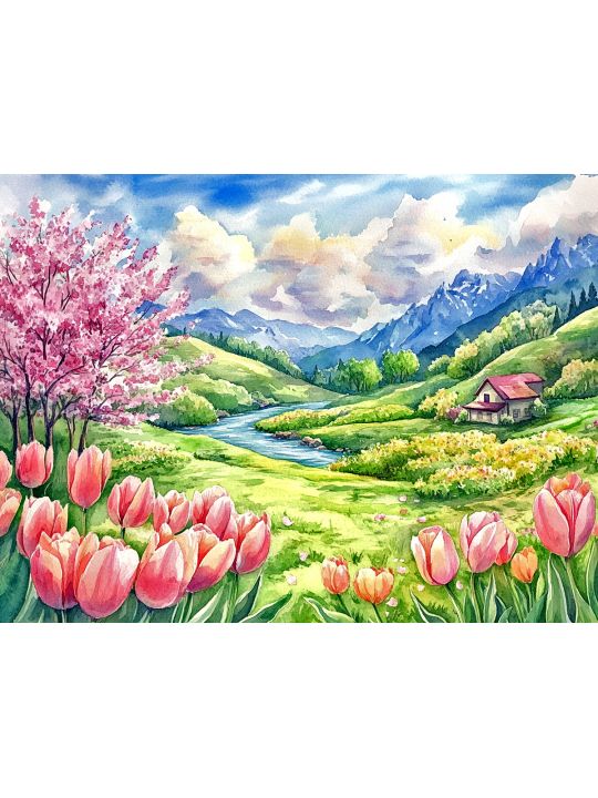 Алмазная мозаика без подрамника «Весна в долине» 80x60 см