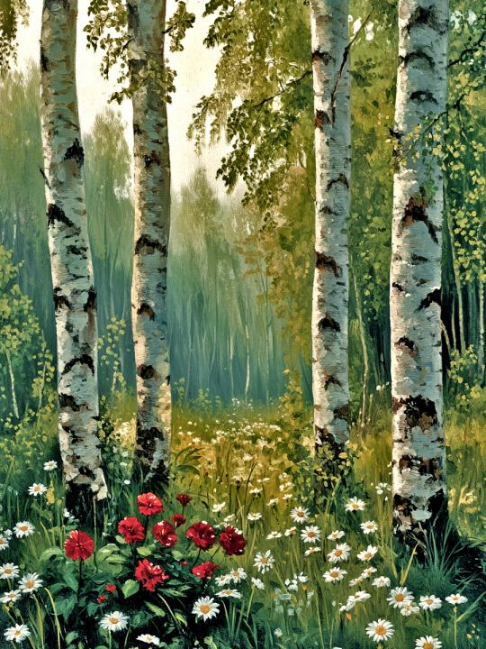 Алмазная мозаика без подрамника «Березовая роща» 80x60 см
