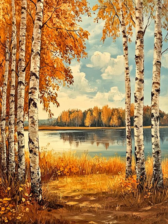 Алмазная мозаика без подрамника «Березы у воды» 70x50 см