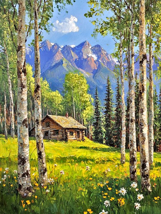 Алмазная мозаика без подрамника «Хижина в горах» 130x100 см