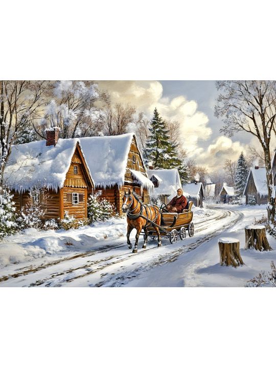 Алмазная мозаика без подрамника «Зима в деревне» 40x30 см