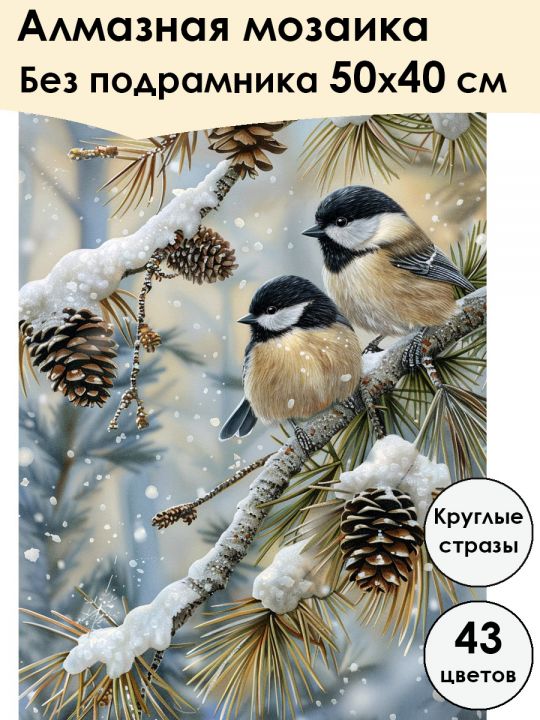 Алмазная мозаика без подрамника «Синички» 50x40 см, 43 цветов
