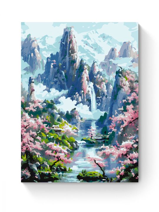 Картина по номерам на подрамнике «Сакура и горы» 50x40 см