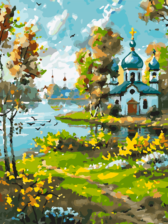 Картина по номерам без подрамника «Храм у реки» 40x30 см