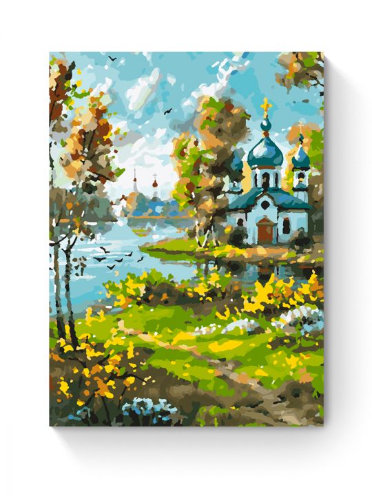 Картина по номерам на подрамнике «Храм у реки» 40x30 см