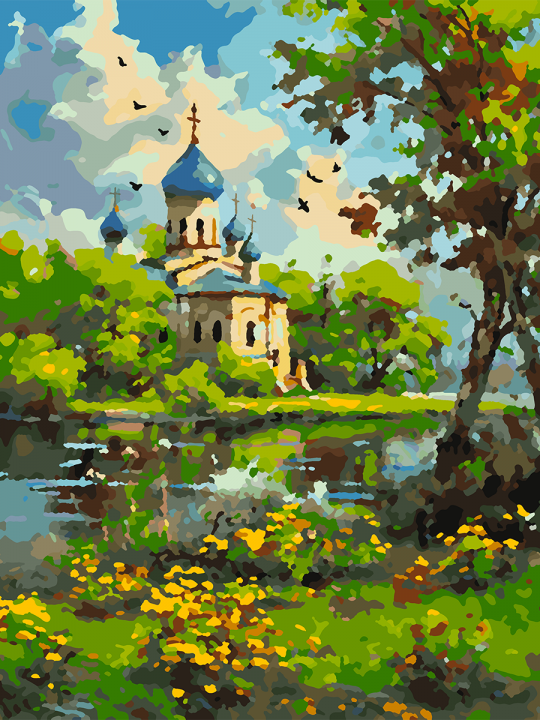 Картина по номерам без подрамника «Храм у реки» 40x30 см