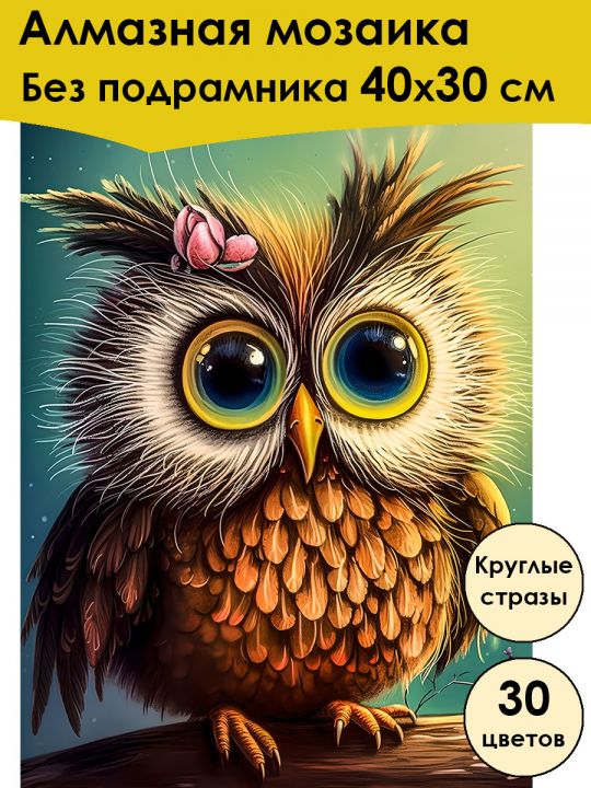 Алмазная мозаика без подрамника «Влюбленная сова» 40x30 см, 30 цветов