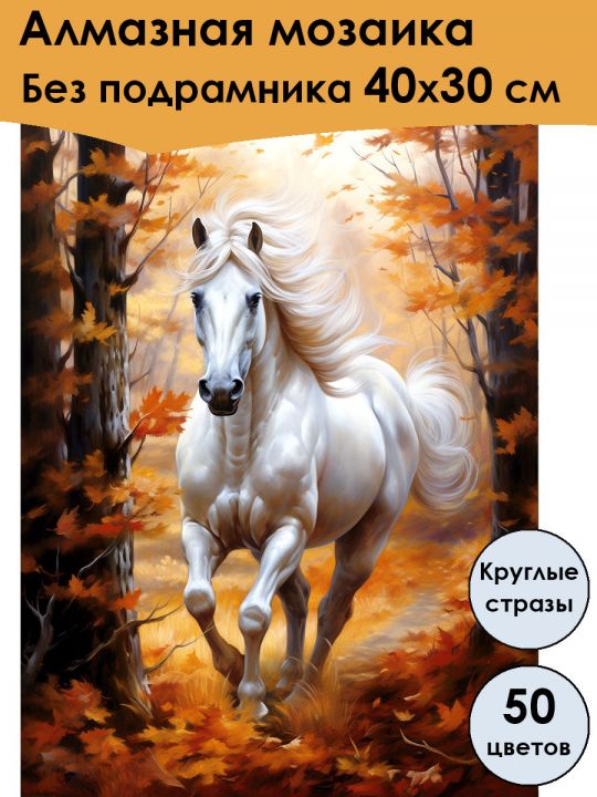 Алмазная мозаика без подрамника «Конь в лесу» 40x30 см, 50 цветов