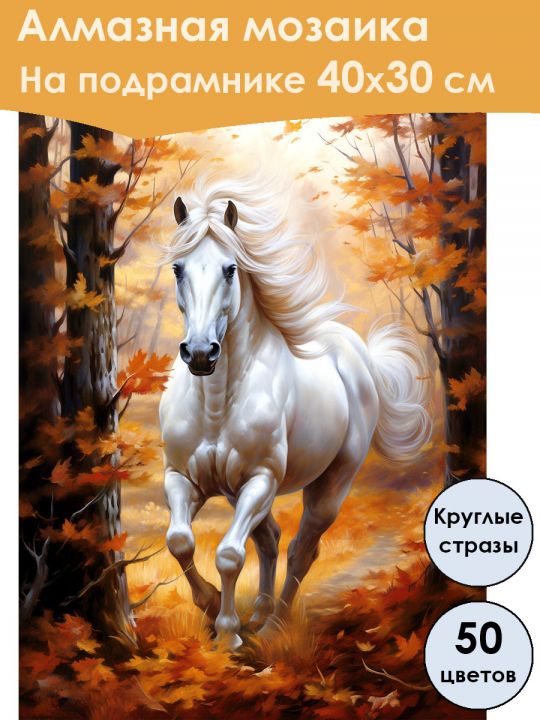 Алмазная мозаика на подрамнике «Конь в лесу» 40x30 см, 50 цветов